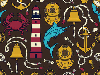Naklejka premium Vintage Nautical Seamless Pattern with Lighthouse and Diving Gear