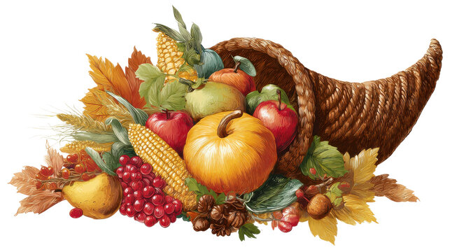 Thanksgiving cornucopia horn of plenty with fruits vegetables harvest isolated on the transparent background
