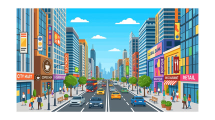 Obraz premium Vibrant Cityscape with Busy Traffic and Pedestrians - Urban Illustration