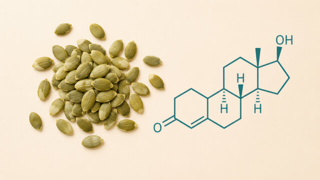 Pumpkin seeds beside testosterone hormone molecular structure icon soft cream background, flat lay top view, minimal clean health concept with warm beige pastel surface and natural nutrition