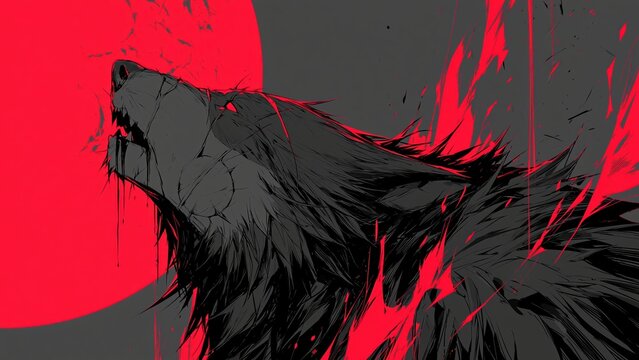 Dark wolf silhouette howling against bright red moon with stylized red flames.