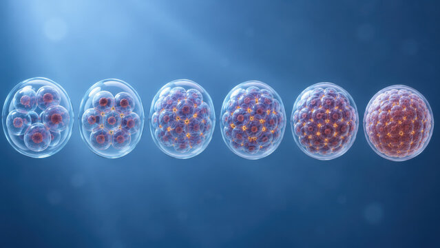 Embryo development stages shown in six transparent spheres, illustrating morula compaction from loose cells to fully compacted structure with glass like membrane on blue background