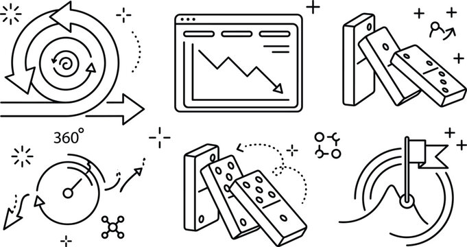 Business crisis management icon set with domino effect decline chart agile loop turnaround strategy line art vector graphics