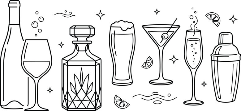 Cocktail bar alcohol drinks line art vector icon set with crystal decanter glass shaker martini wine bottle elements