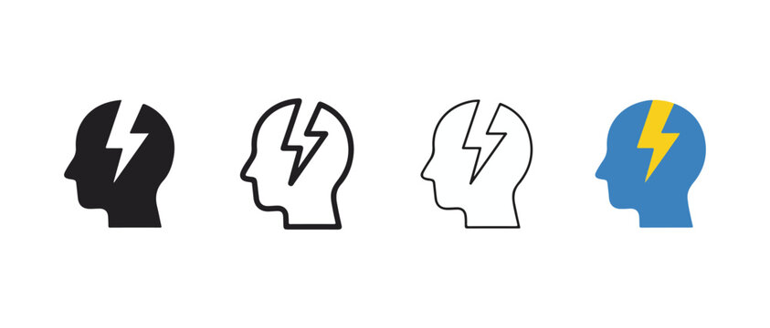 heads with a lightning bolt in the brain  mental health and creativity concept  isolated on white background