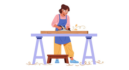 Fototapeta premium Female carpenter, woodworking, illustration, vector, woodworker, crafting, DIY, workshop