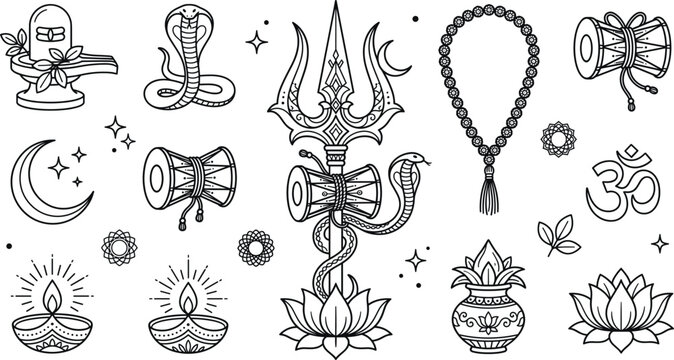 Lord Shiva hindu religious line art vector icon set with trishula shivling om symbol damru diya kalash elements