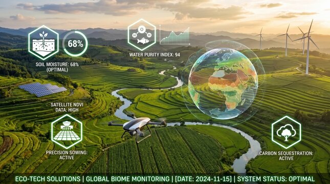 Aerial view of green agricultural fields with drone monitoring soil moisture and water purity, featuring eco-tech solutions and renewable energy wind turbines.