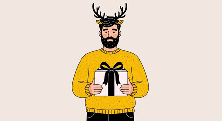 Cartoon man in yellow sweater, holding gift, reindeer antlers, Christmas icon, festive character © Alien
