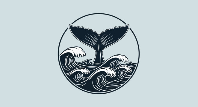whale tail wave, ocean sea icon, nautical logo, vector graphic