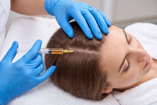 Closeup of a dermatologist performing a prp hair loss treatment on a patients scalp