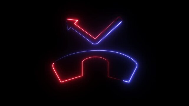 A glowing neon icon representing a missed call, featuring a telephone handset with a red and blue arrow indicating a call that was not answered.