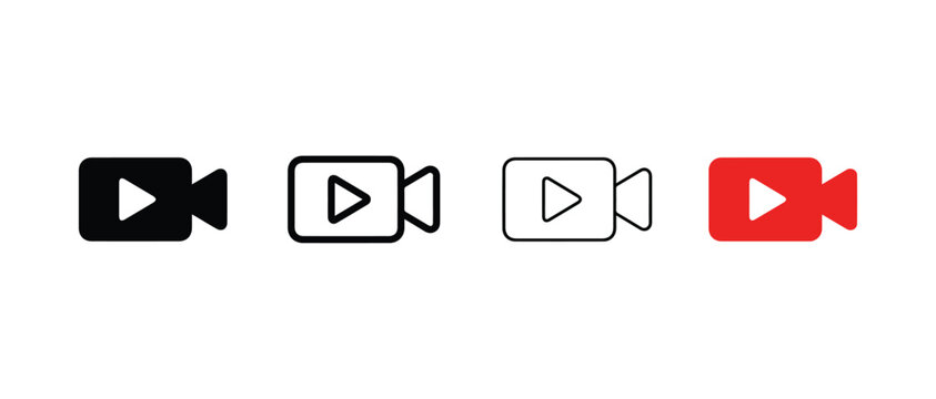 Play video camera icons in different styles and colors for recording and playback  various designs for multimedia applications