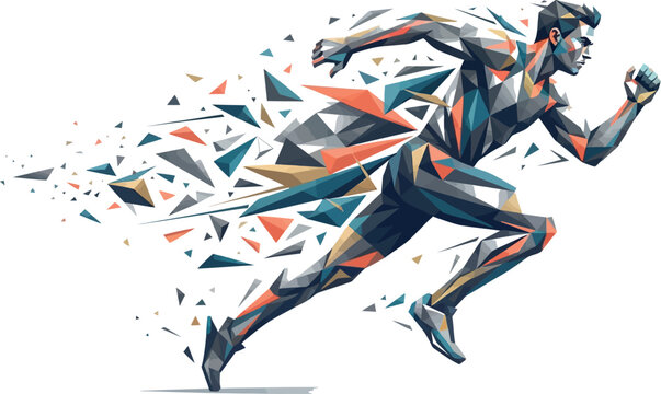 Dynamic polygonal male runner in motion with colorful geometric shapes isolated on white background for design