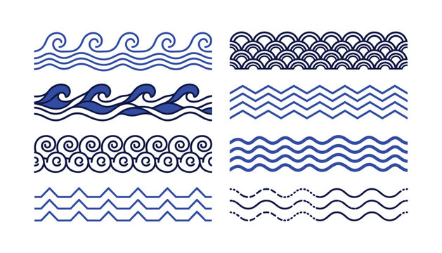 Blue ocean wave seamless borders set featuring geometric greek curls oriental scales zigzag lines and traditional marine patterns vector illustration.