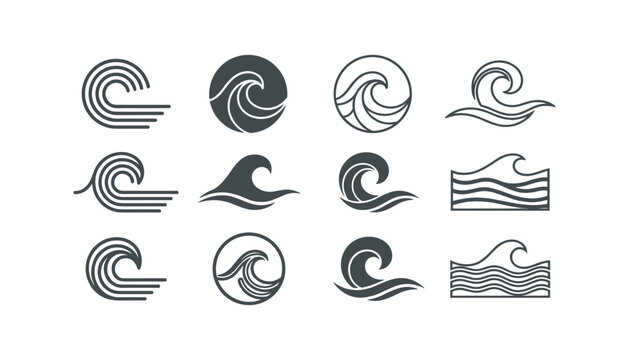 Minimalist ocean wave icons set featuring flat linear and silhouette sea water curls surfing ripples and round aquatic emblems vector illustration.
