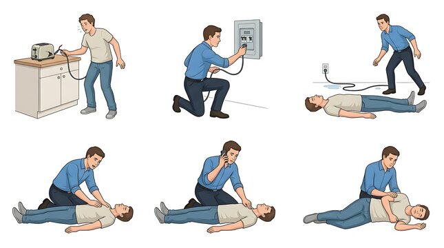 First aid CPR training steps. Emergency medical response procedure for cardiac arrest.