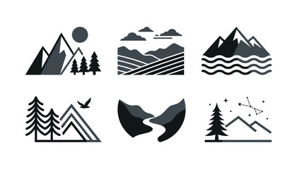 Fototapeta premium Minimalist mountain landscape icons set featuring flat geometric peaks hills pine trees river waves and night sky constellation vector illustration.