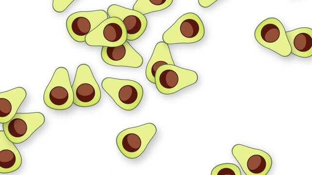 Animated Falling Avocado Halves with Pits on White Background