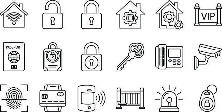 Smart home security and access control line art vector icon set with camera lock passport fingerprint alarm elements