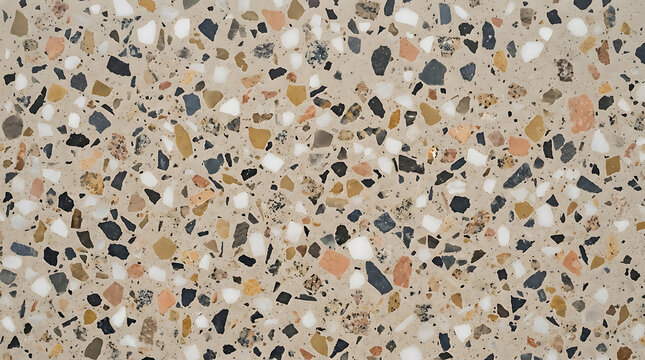 Terrazzo surface with beige background and multi colored stone aggregate fragments texture