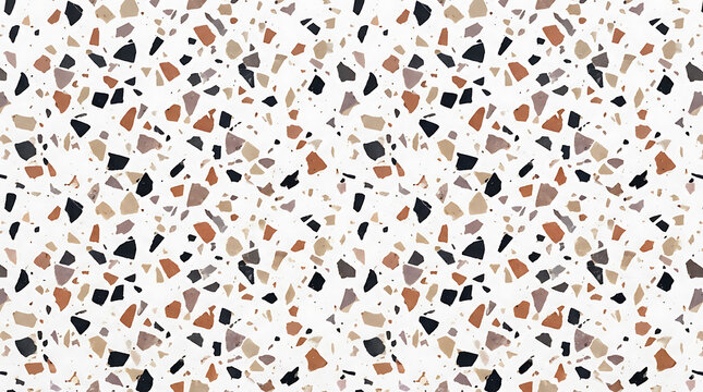 White terrazzo pattern with brown black grey chips seamless texture background desig