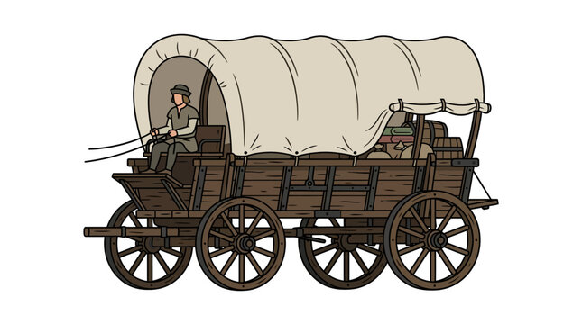 Vintage covered wagon with a driver on a white background.