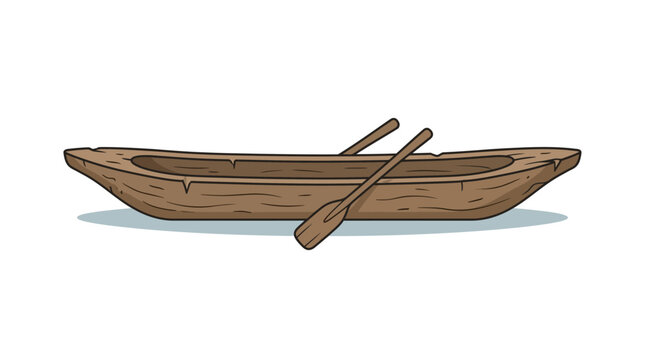 A rustic wooden dugout canoe with a single paddle resting inside.