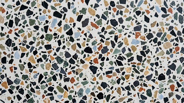 White terrazzo surface with colorful aggregate chips and speckled pattern