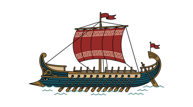 An illustration of an ancient Roman trireme warship with a red sail.