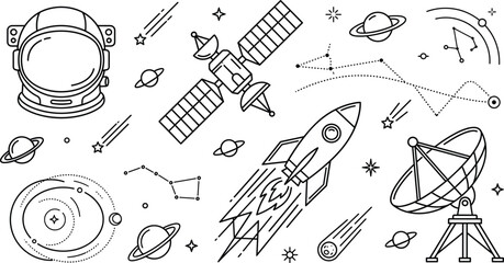 Space exploration line art vector concept banner with rocket satellite astronaut helmet radar dish planet constellation elements © MDSAIFUL