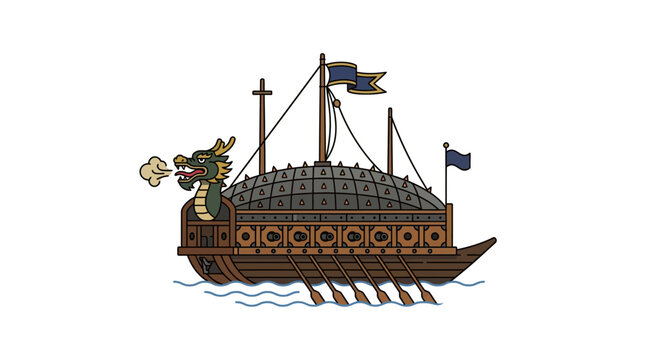 Illustration of a traditional Korean Geobukseon turtle ship with dragon head.