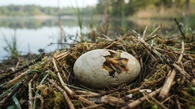 Duck egg hatching near lakeside