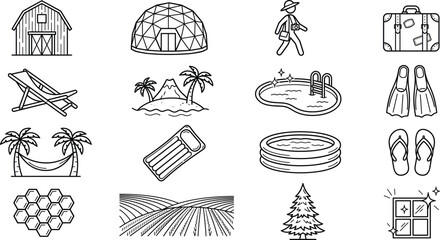 Summer vacation resort travel line art vector icon set with glamping dome barn suitcase pool beach island elements © MDSAIFUL