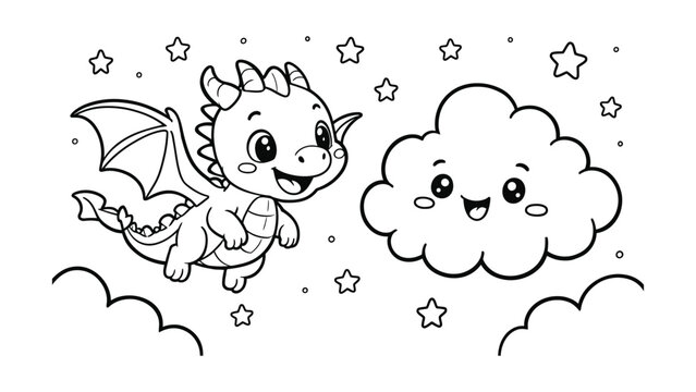 Cute cartoon dragon flying alongside smiling cloud with stars background