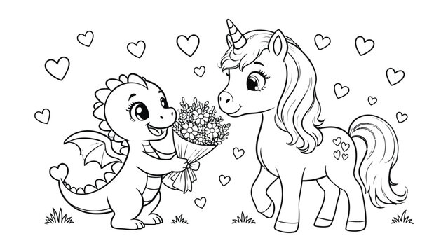 Cute cartoon dragon giving flowers to unicorn in love scene