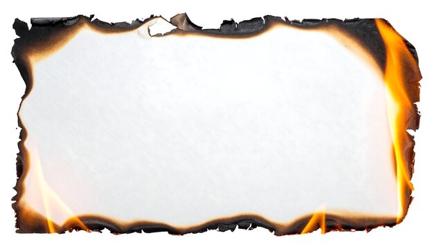 Burning paper edges with bright orange flames and glowing embers isolated on a clean white background