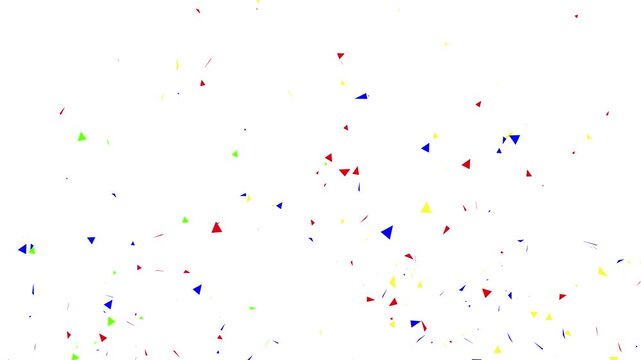 Colorful confetti explosion on white background, festive celebration party particles, dynamic multi-colored paper fragments falling for joyful events