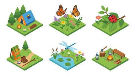 Naklejka premium Set of isometric illustrations depicting nature and outdoor activities on a white background