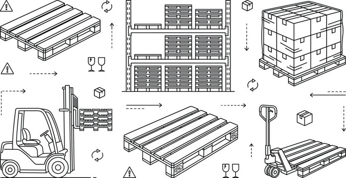Warehouse logistics storage line art vector concept banner with forklift pallet jack rack wooden shelf cargo boxes elements