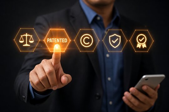 Businessman touching a digital interface showing patent and copyright legal icons