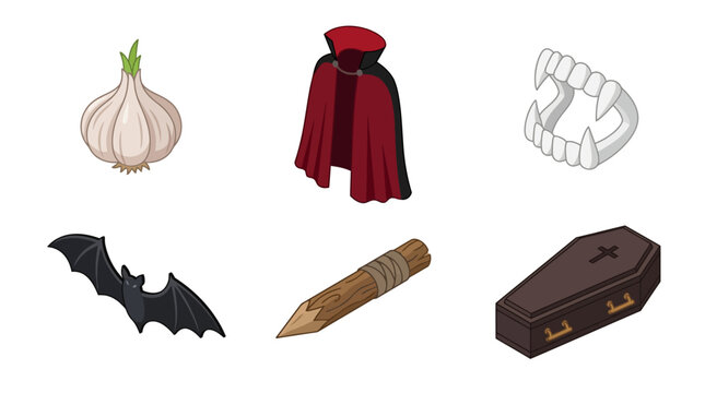 Vampire halloween isometric icons set on white background with coffin bat garlic and stake