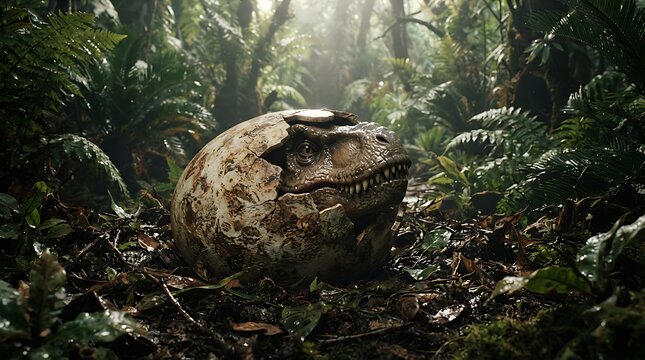 Rex egg hatching prehistoric jungle