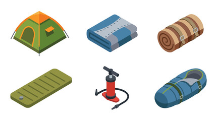 Isometric camping equipment icons including tent blanket sleeping pad pump and sleeping bag © Lariss