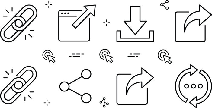 Web connection data sharing line art vector icon set with link external window download share node refresh elements