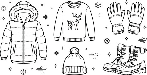 Winter clothing apparel fashion line art vector icon set with puffer jacket sweater gloves boots beanie hat design elements © MDSAIFUL