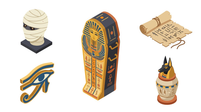 Isometric ancient Egyptian icons including pharaoh sarcophagus mummy head papyrus scroll and eye of horus symbols