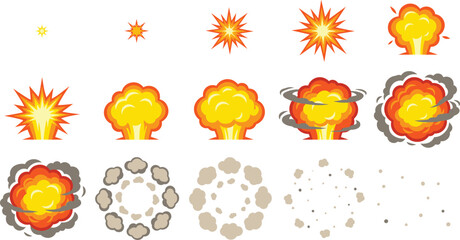 Cartoon Explosion Animation Sprite Sheet Sequence with Comic Book Fire Flame Clouds and Smoke Puff Blast Effects for Game Development Visual FX Designs © PUTUL