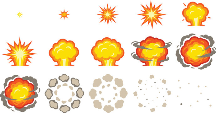 Cartoon Explosion Animation Sprite Sheet Sequence with Comic Book Fire Flame Clouds and Smoke Puff Blast Effects for Game Development Visual FX Designs