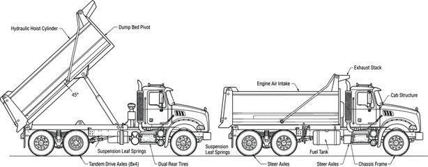 Technical diagram blueprint illustration of a commercial dump truck with raised bed and labels isolated on white vector © MdRakib